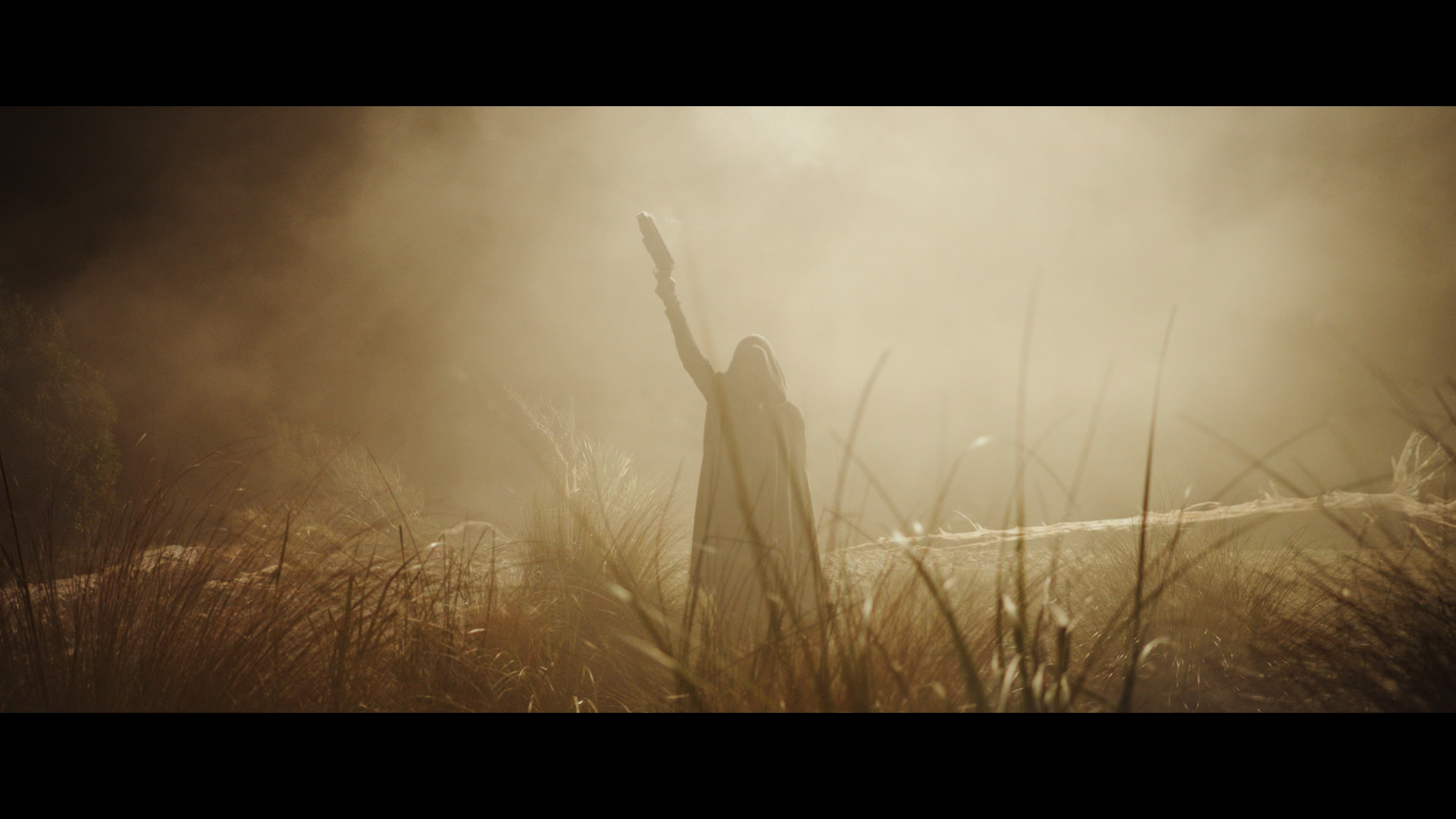 David, cloaked in ash, raises a canister in the fog‑choked ruins of the Engineer city