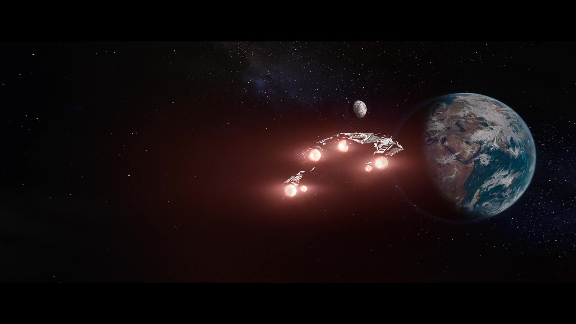 A Predator vessel breaks orbit above an Earth-like world