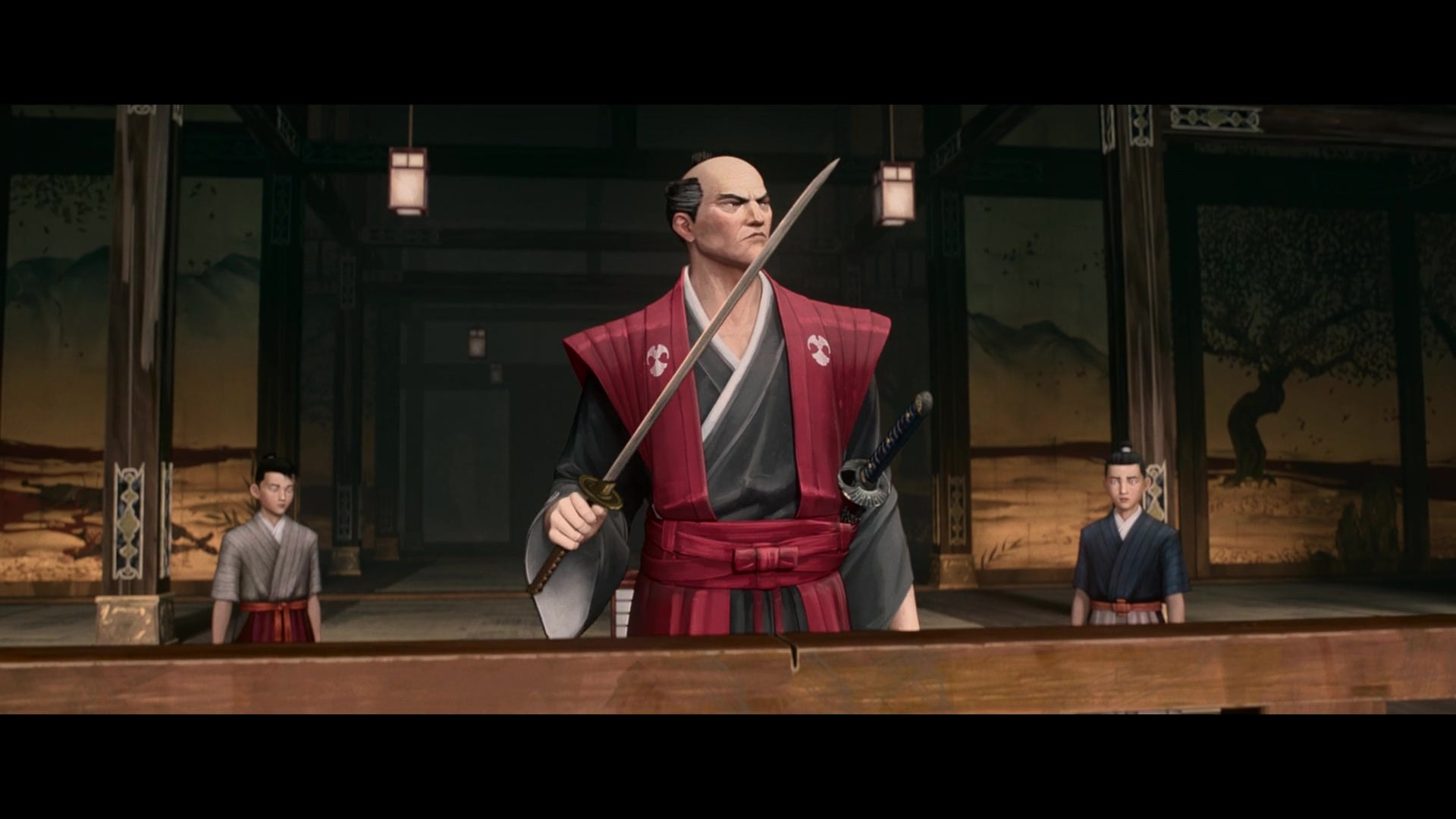Daimyo unsheathes his katana during a tense audience in the great hall