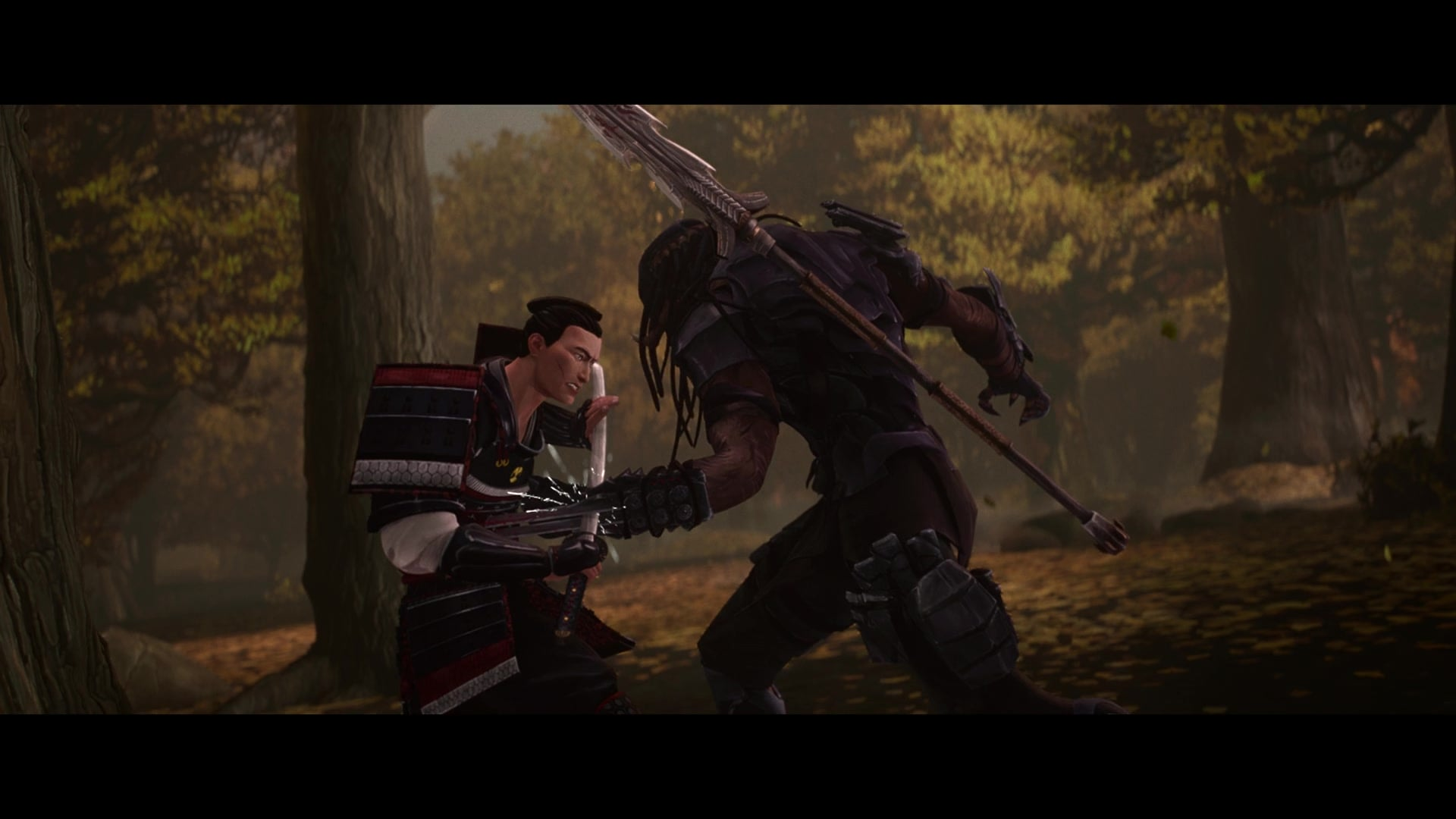 Samurai vs. Yautja—close-quarters clash of katana and combi-stick