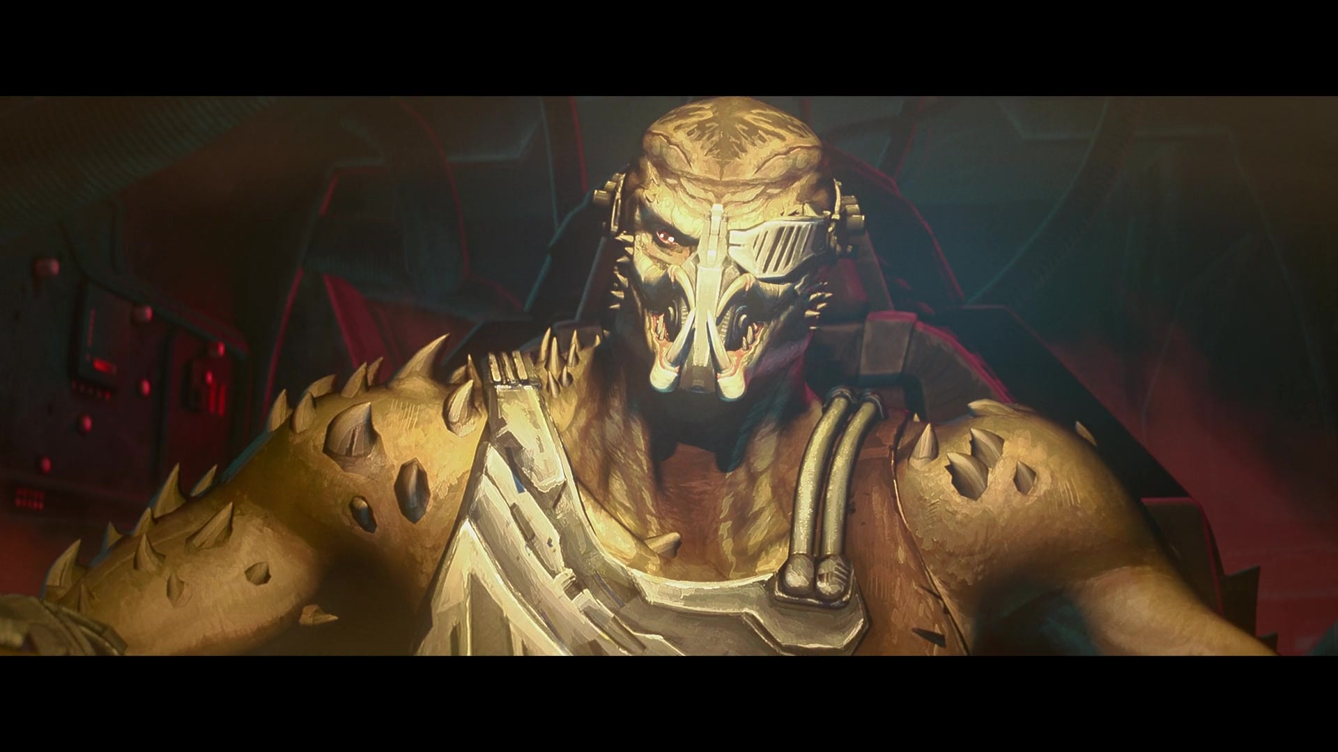 Close-up of the scarred Predator chieftain in his ship