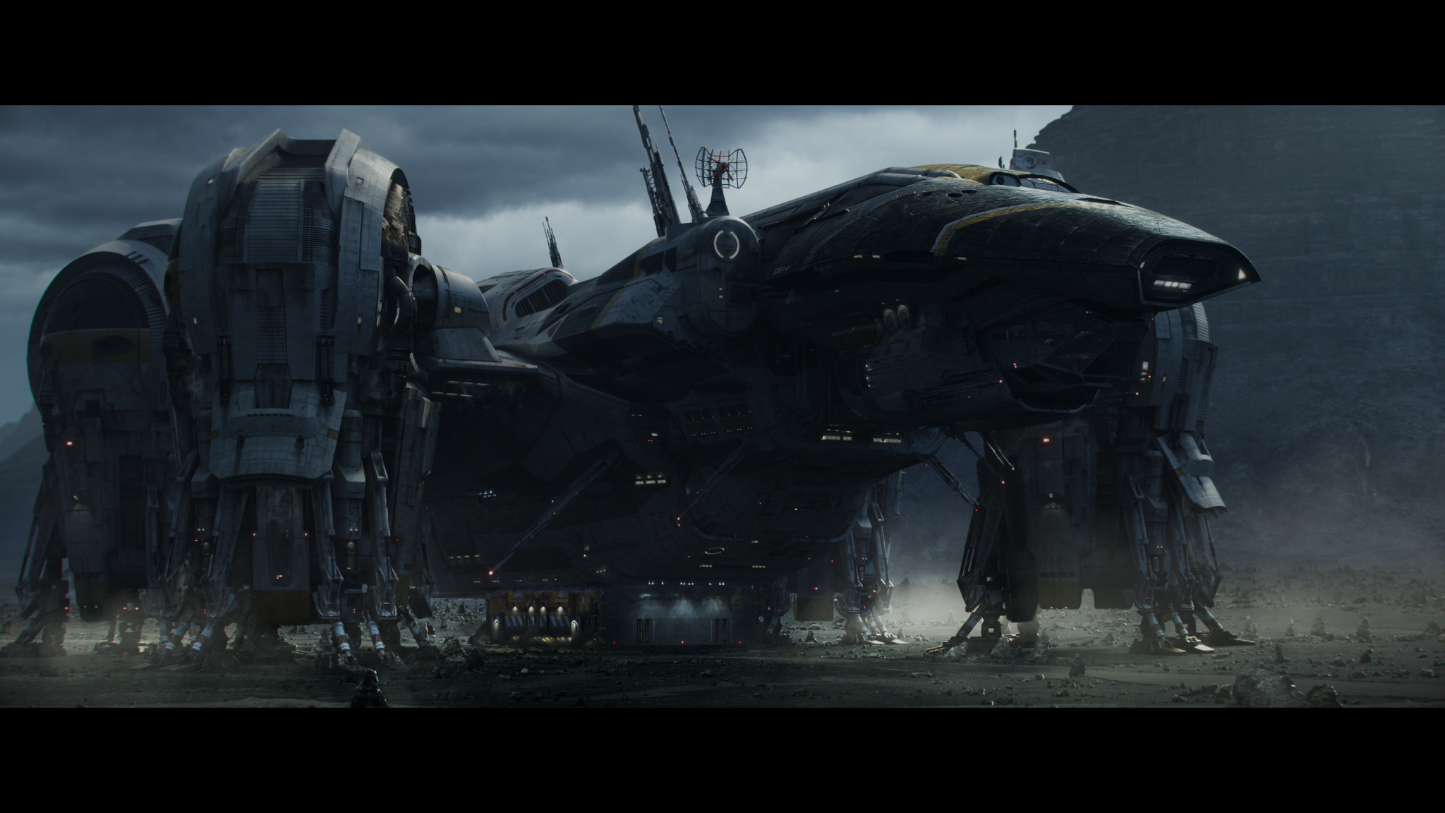 The starship Prometheus grounded on LV‑223, towering on its landing legs